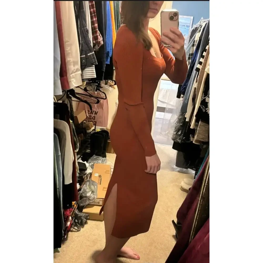 Toccin Rust Brown Midi Ribbed Knit Dress SMALL Career Bodycon Work Designer $325 - Picture 9 of 14